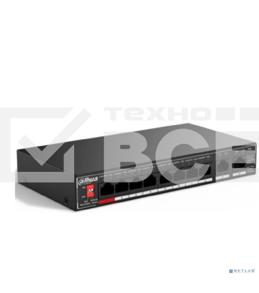 Коммутатор гигабитный 10-портовый неуправляемый c PoE Dahua DH-SG1010P, 8xRJ45 1Gb PoE, 2xRJ45 1Gb uplink, суммарно 96Вт, коммутация 20 Гбит/с, MAC-таблица 4K, металл
