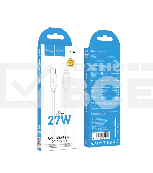 Кабель USB2.0 Hoco Type-C/Lightning, 2.4А, 27Вт, X115, 1м, белый, коробка