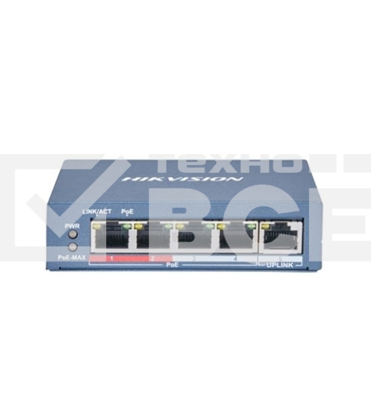 Коммутатор Hikvision DS-3E0105P-E/M(B) 4 RJ45 100M PoE с грозозащитой 6кВ; 1 Uplink порт 100М Ethernet: бюджет PoE 35Вт; поддерживают режим передачи до 250м; таблица MAC адресов на 1000 записей;