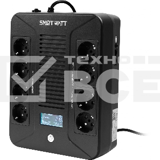 Источник бесперебойного питания SMARTWATT UPS SAFE PRO LCD 800 черный 800/480 ВА/Вт, напольный/настенный, линейно-интерактивный, LCD дисплей, Shuko CEE7/4 - 8 шт. (4 шт. с резервным питанием, 4 шт. - сетевой фильтр)