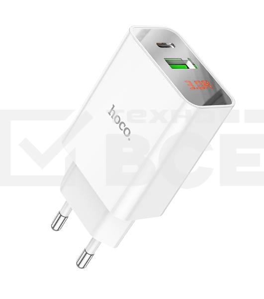 Зарядное устройство с дисплеем Hoco 18Вт, 3А, QC3.0/PD, 1хUSB, 1хType-C, C100A, белый, коробка