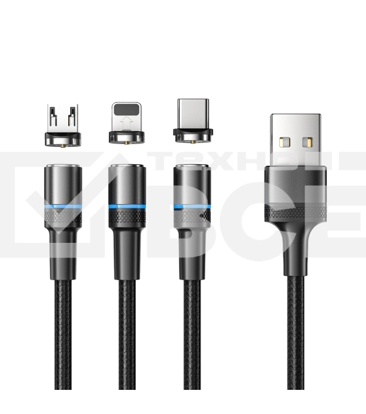 Кабель USB REXANT 18-7076 3в1 со съемными магнитными портами, Type-С (2A), Lightning (2,4A), Micro USB (2A), 1,2м, в черной оплетке, с LED подсветкой