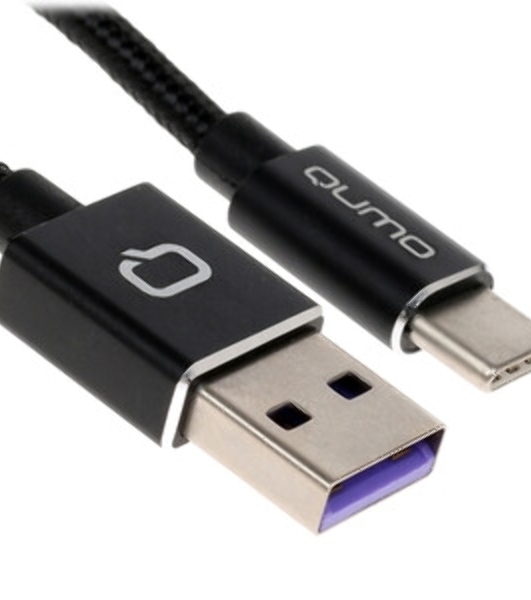 Кабель Qumo Type-С кабель, 1м, USB 2.0, 5В, 5А, 25Вт, тканевая оплетка, стальной коннектор, черный