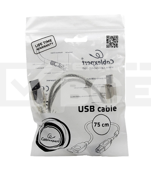 Кабель Cablexpert USB 2.0 Pro, AM/BM, 0,75м, экран, 2 феррит.кольца, прозрачный (CCF-USB2-AMBM-TR-0.75M)