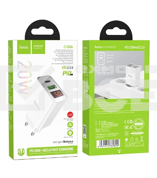 Зарядное устройство с дисплеем Hoco 18Вт, 3А, QC3.0/PD, 1хUSB, 1хType-C, C100A, белый, коробка