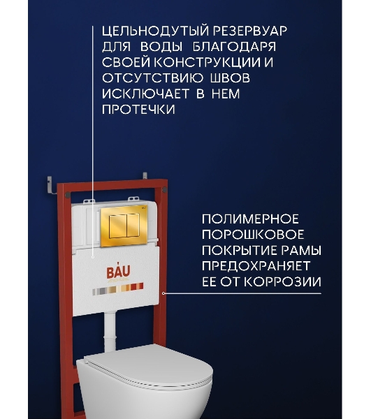 Комплект BAU 6 в 1: инсталляция BAU PRO для подвесного унитаза, унитаз подвесной безободковый торнадо обратного потока Bau Dream 52х36 Hurricane-5, сиденье быстросъемное микролифт, кнопка смыва BAU Stil, золото