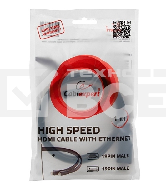Кабель Cablexpert HDMI CC-HDMI490-15, 19M/19M, v2.0, медь, позол.разъемы, экран, плоский кабель, 1м, черный, пакет