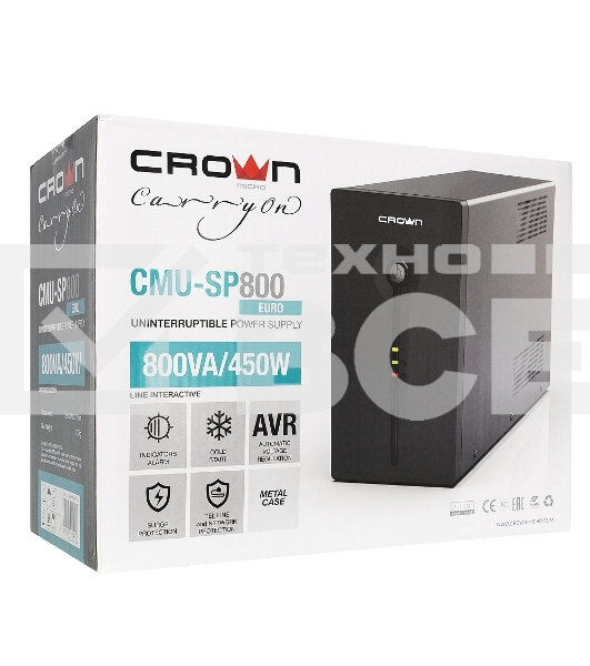 Источник бесперебойного питания CROWN ИБП CMU-SP800EURO {800VA, металл,1x12V/9AH, розетки 3*EURO+1*IEC bybas} CM000001492