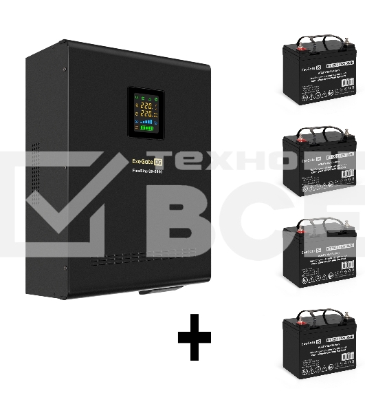 Комплект Источник бесперебойного питания EX296003RUS + батарея 33Aч EX282974RUS 4шт (инвертор, синус, для котла, настенный) ExeGate FineSine SX-3000.LCD.AVR.2SH.T <3000VA/2100W, чистая синусоида, цветной LCD-дисплей, AVR, 2*Schuko+клеммы, линейно-интеракт