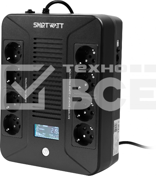 Источник бесперебойного питания SMARTWATT UPS SAFE PRO LCD 1000 черный 1000/600 ВА/Вт, напольный/настенный, линейно-интерактивный, LCD дисплей, Shuko CEE7/4 - 8 шт. (4 шт. с резервным питанием, 4 шт. - сетевой фильтр)