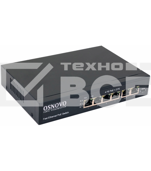 Коммутатор OSNOVO SW-20600(80W) PoE коммутатор 6 портов, 4 PoE порта 10/100 Base-T, 2*10/100 Base-T Uplink, до 30W на порт, суммарно до 80W