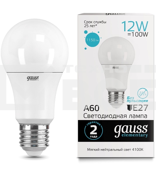 Лампа светодиодная Gauss Elementary 12Вт цок.:E27 груша 220B 4100K св.свеч.бел.ней. A60 (упак.:10шт) (23222)