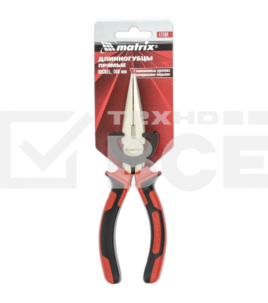 Длинногубцы MATRIX NICKEL, 160 мм, прямые никелированные, двухкомпонентные рукоятки 17164