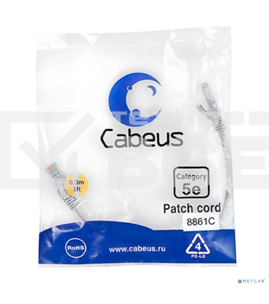 Шнур комм. Cabeus, кат. 5е, неэкр., U/UTP, RJ45/RJ45, LSZH, AWG24, 0.3м, серый