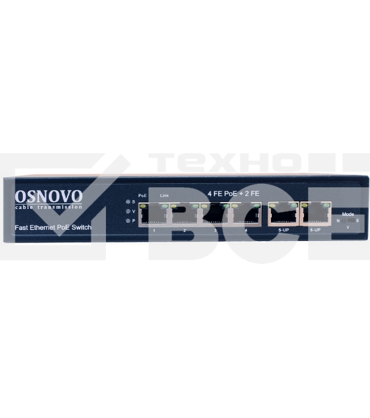 Коммутатор OSNOVO SW-20600(80W) PoE коммутатор 6 портов, 4 PoE порта 10/100 Base-T, 2*10/100 Base-T Uplink, до 30W на порт, суммарно до 80W