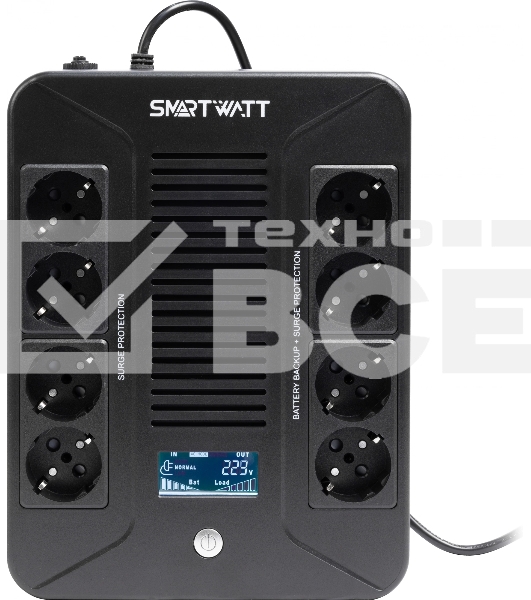 Источник бесперебойного питания SMARTWATT UPS SAFE PRO LCD 1000 черный 1000/600 ВА/Вт, напольный/настенный, линейно-интерактивный, LCD дисплей, Shuko CEE7/4 - 8 шт. (4 шт. с резервным питанием, 4 шт. - сетевой фильтр)