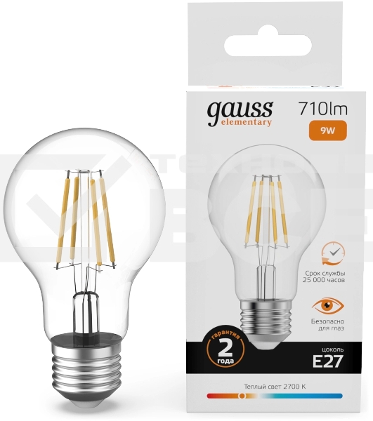 Лампа филам. Gauss Filament 9Вт цок.:E27 груша св.свеч.бел.теп. (упак.:10шт) (22219)