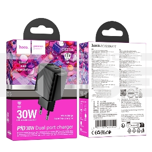 Зарядное устройство Hoco 30Вт, 3А, QC3.0/PD, 1хUSB, 1хType-C, CS23A, черный, коробка