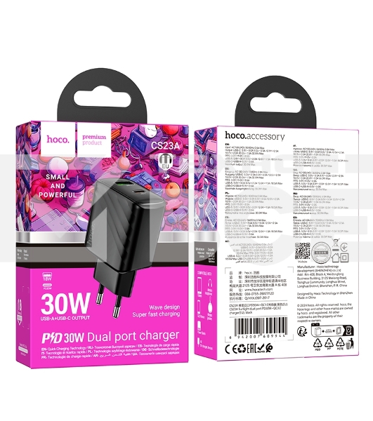 Зарядное устройство Hoco 30Вт, 3А, QC3.0/PD, 1хUSB, 1хType-C, CS23A, черный, коробка
