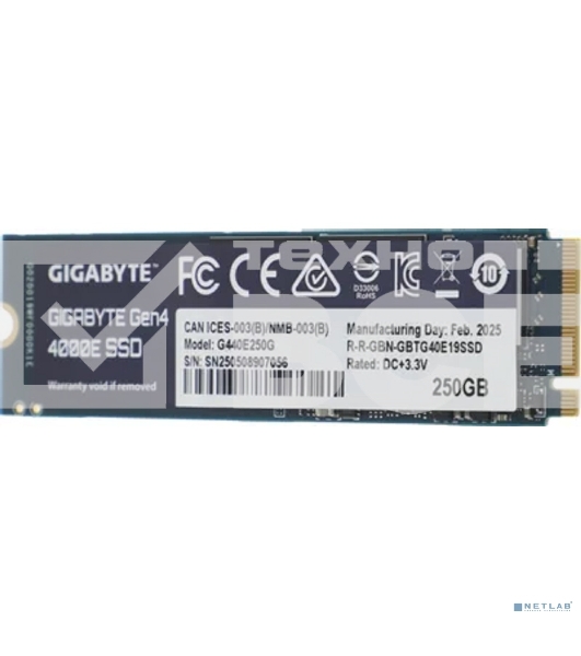 Накопитель SSD GIGABYTE Gen4 4000E, 250Gb, M.2 2280, PCIe 4.0 x4, NVMe, R/W 3500/1800