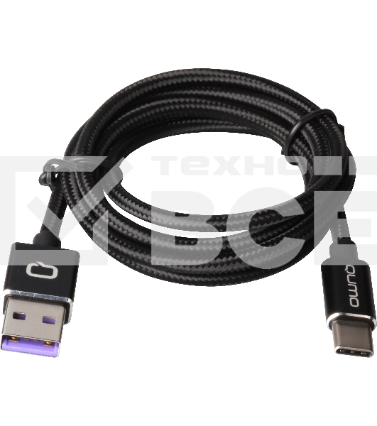 Кабель Qumo Type-С кабель, 1м, USB 2.0, 5В, 5А, 25Вт, тканевая оплетка, стальной коннектор, черный