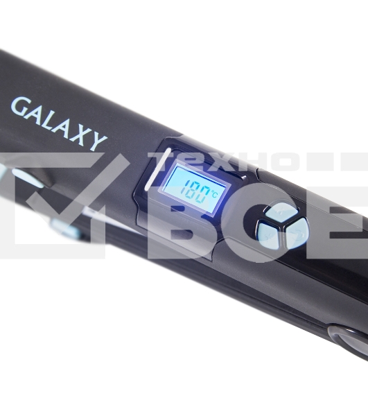 Щипцы для волос Galaxy GL 4505, голубой, 65 Вт, нагревательный элемент с защитой от перегрева, сменные пластины с керамическим покрытием: 89*27,5 мм и 89*57 мм, ЖК-дисплей с индикацией температуры, регулятор температурных режимов, шнур питания, вращающийс
