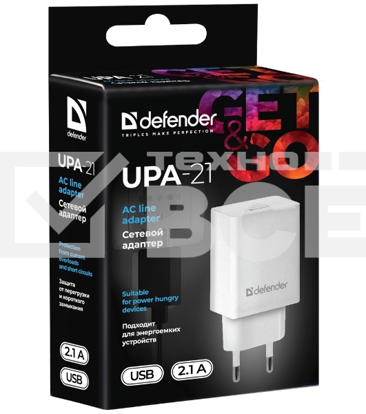 Сетевой адаптер Defender 1xUSB, 5V/2.1А , белый (UPA-21) (83571)