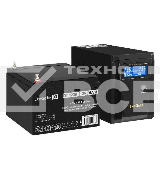 Комплект ИБП EX295986RUS + батарея 26Aч EX282970RUS 1шт (инвертор, синус, для котла) ExeGate SineTower SZ-600.LCD.AVR.1SH <600VA/360W, чистый синусоида, LCD дисплей, AVR, 1*Schuko, линейно-интерактивный, Black> + батарея ExeGate DT 1226 (12В, 26Ач) 1шт