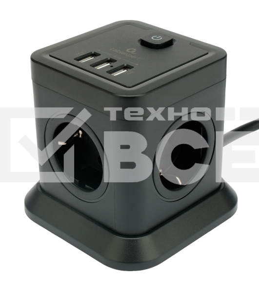 Сетевой фильтр Cablexpert Tower, TWR-4-U3-B-3, 4р, 10А, 3xUSB, 3.1А, 3м, ур.защиты 2+, черный, коробка
