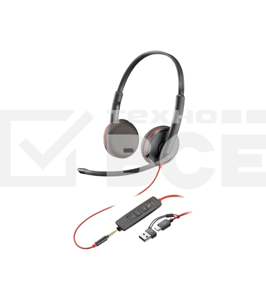 Гарнитура проводная Poly Blackwire 3225 Stereo USB-C Headset +3.5мм Plug +USB-C/A Adapter (Bulk) черный