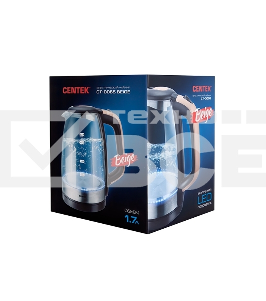 Чайник Centek CT-0065 <Beige> стекло, 1.7л 2200Вт, LED-подсветка, мерная шкала, защита от вкл б/воды