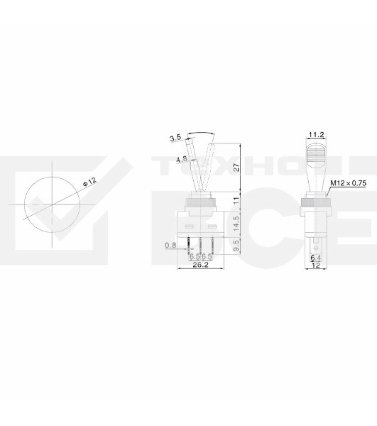Тумблер 12V 20А (3c) ON-OFF однополюсный  с желтой подсветкой  Rexant