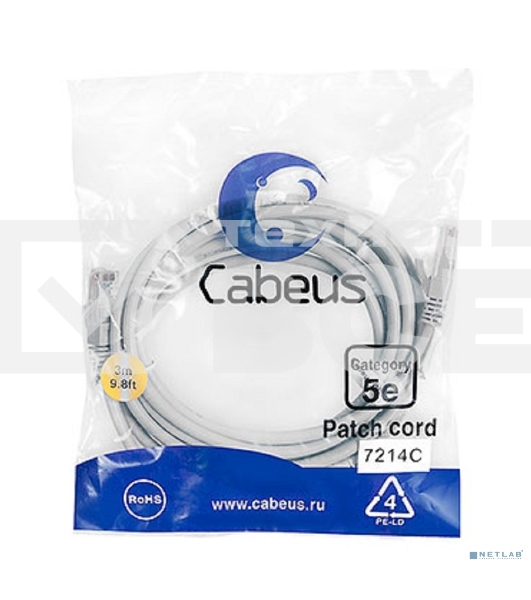 Патч-корд Cabeus PC-UTP-RJ45-Cat.5e-3m U/UTP, cat.5е, 2xRJ45/8p8c, неэкранированный, серый, PVC, 3м