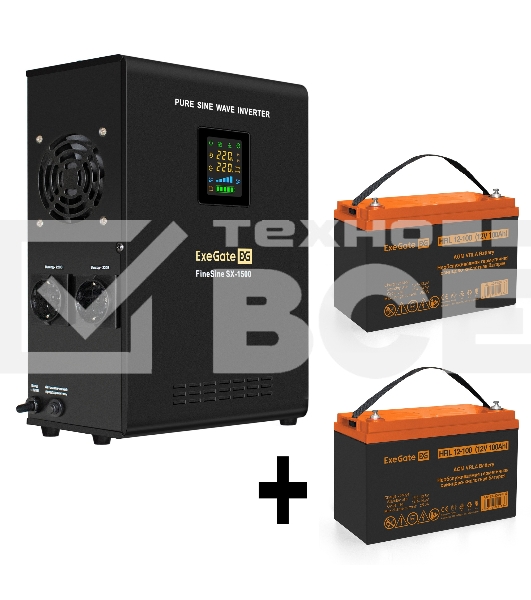 Комплект ИБП EX295998RUS + батарея 100Aч EX285656RUS 2шт (инвертор, синус, для котла, настенный) ExeGate FineSine SX-1500.LCD.AVR.2SH <1500VA/1050W, чистая синусоида, цветной LCD-дисплей, AVR, 2*Schuko, линейно-интерактивный, крепление настенное/универсал