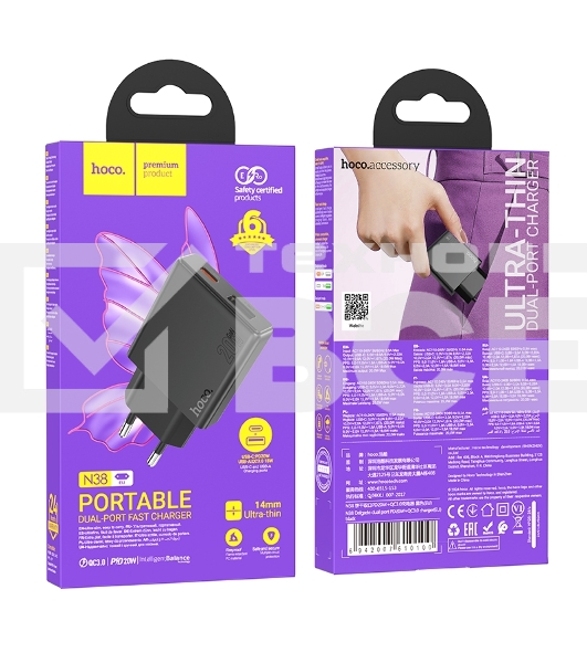 Зарядное устройство Hoco 20Вт, 3А, QC3.0/PD, 1хUSB, 1хType-C, N38, черный, коробка