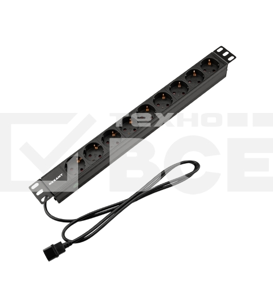 Блок распределения питания Rexant для 19' шкафов, горизонтальный, 9 розеток СЕЕ 7/4, 10A, без выкл, алюм корп, шнур 2м, вилка C14