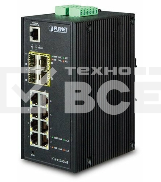 Индустриальный управляемый коммутатор Planet IGS-12040MT IP30 Industrial 8* 1000TP + 4* 100/1000F SFP Full Managed Ethernet Switch (-40 to 75 degree C, 2*DI, 2*DO, 12V-72VDC IN), ERPS Ring, 1588