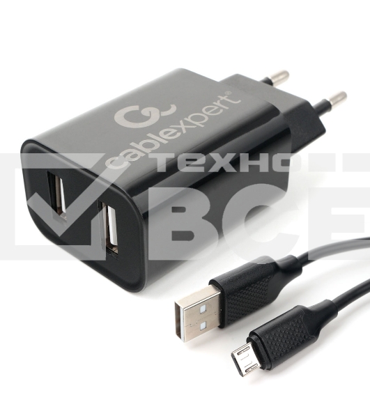 Адаптер питания Cablexpert MP3A-PC-35 USB 2 порта, 2.4A, черный + кабель 1м micro