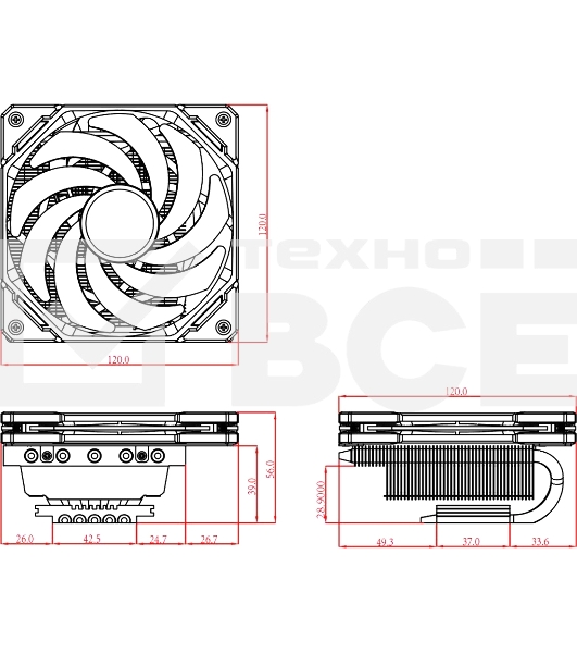 Кулер для процессора ID-COOLING IS-50X-V3 черный 120мм алюминий/медь 2000rpm 31.2db 4-pin 130W 56мм