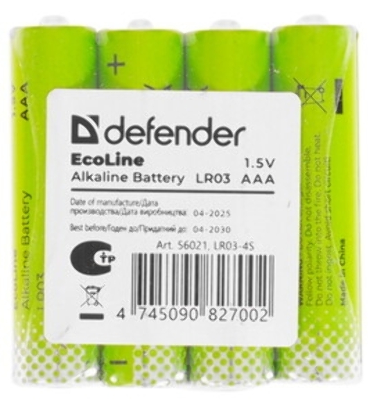 Батарейка алкалиновая Defender LR03-4S ААА, шринк, 4 шт., EcoLine