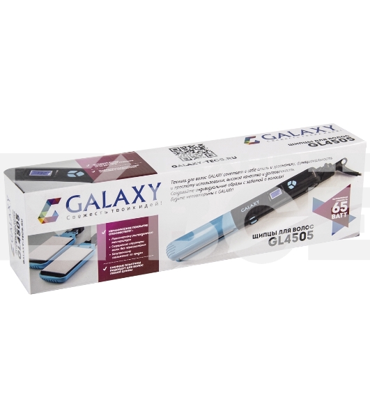 Щипцы для волос Galaxy GL 4505, голубой, 65 Вт, нагревательный элемент с защитой от перегрева, сменные пластины с керамическим покрытием: 89*27,5 мм и 89*57 мм, ЖК-дисплей с индикацией температуры, регулятор температурных режимов, шнур питания, вращающийс