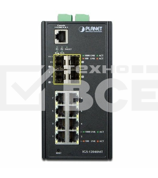 Индустриальный управляемый коммутатор Planet IGS-12040MT IP30 Industrial 8* 1000TP + 4* 100/1000F SFP Full Managed Ethernet Switch (-40 to 75 degree C, 2*DI, 2*DO, 12V-72VDC IN), ERPS Ring, 1588