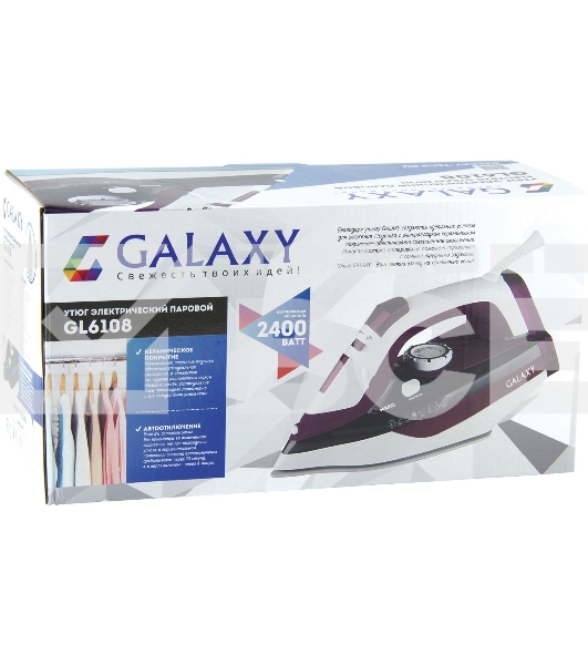 Утюг Galaxy Line GL 6108, бордовый с белым, паровой, 2400 Вт, постоянный пар 50 г/мин, паровой удар 230 г/мин, функции: автоотключение, самоочистка, антикапля, антинакипь, вертикальное отпаривание, индикатор автоотключения, индикатор нагрева, функция увла
