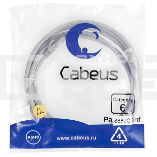 Шнур комм. Cabeus, кат. 6, неэкр., U/UTP, RJ45/RJ45, 250 МГц, LSZH, AWG24, 3м, серый