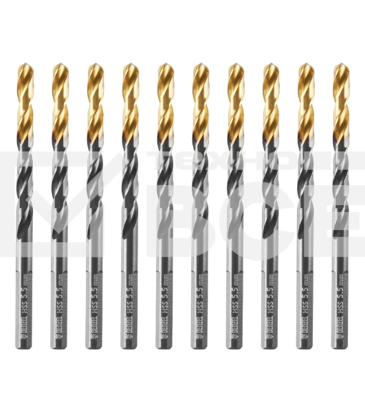Сверло по металлу, 5,5 мм, HSS-Tin, Golden Tip, 10 шт. Denzel