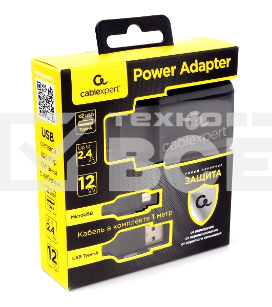 Адаптер питания Cablexpert MP3A-PC-35 USB 2 порта, 2.4A, черный + кабель 1м micro