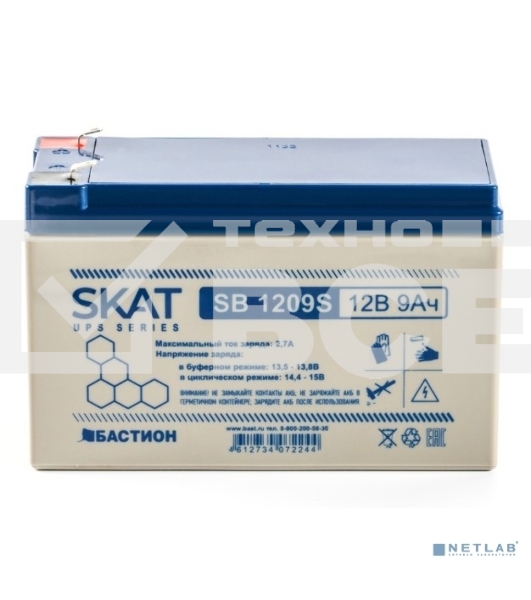 АКБ свинцово-кислотная SKAT SB 1209S тип AGM 12V 9Ач I зар. 2,6 А (ножевые клеммы) (8970)