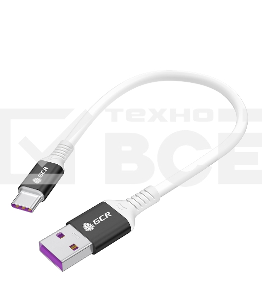 Кабель GCR 0.5m, TypeC POWER DELIVERY 60 W, 5A max, быстрая зарядка, белый TPE, AL case черный, белый ПВХ, 28/22 AWG, GCR-53655