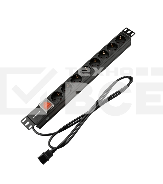 Блок распределения питания Rexant для 19' шкафов, горизонтальный, 8 розеток СЕЕ 7/4, 10A, выкл, алюм корп, шнур 2м, вилка C14