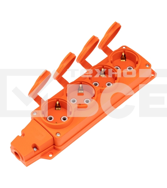 Розетка (колодка) Rexant влагозащищенная с крышкой 4 гнезда COMPACT, с/з, 16А, IP54, каучук, оранжевый